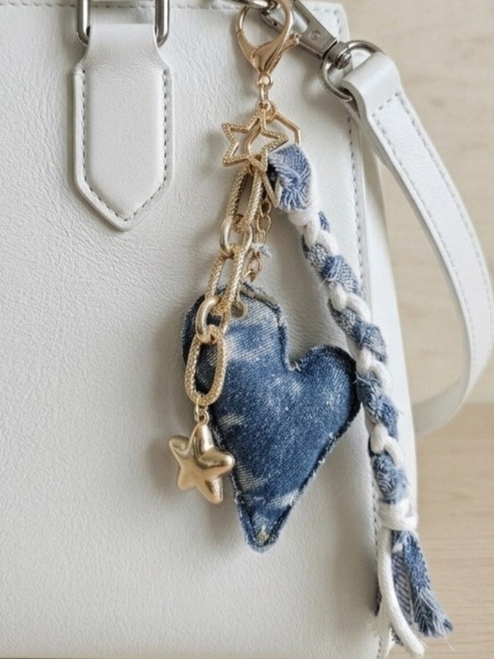 Eye Candy Blue Denim Heart Keychain/Bag Charm with Gold Star Accents NWT